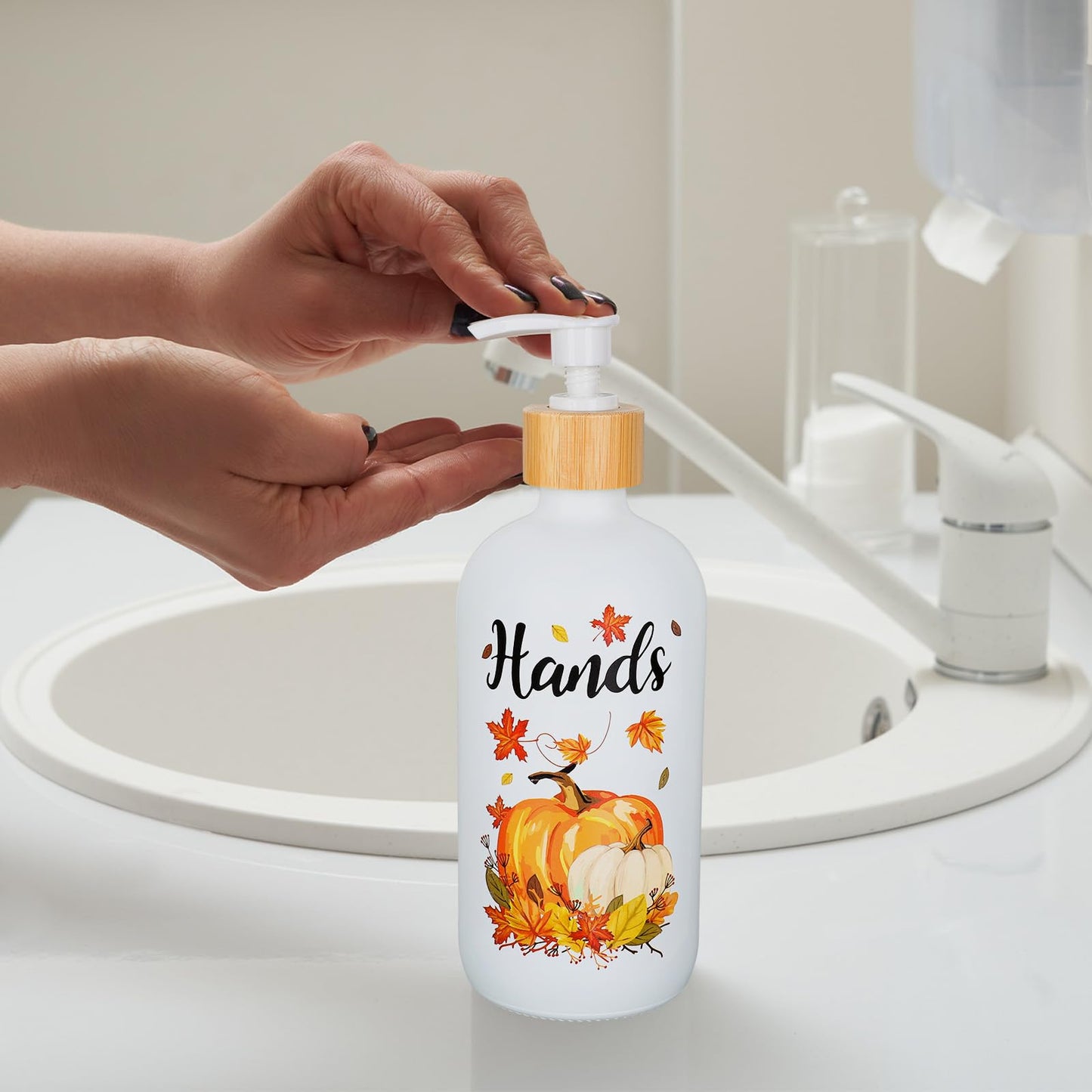 JarThenaAMCS 2Pcs Fall Soap Dispenser Maple Leaves Pumpkin Pile Glass Dispenser with Pump Refillable Liquid Soap Container for Autumn Thanksgiving Kitchen Bathroom Decor