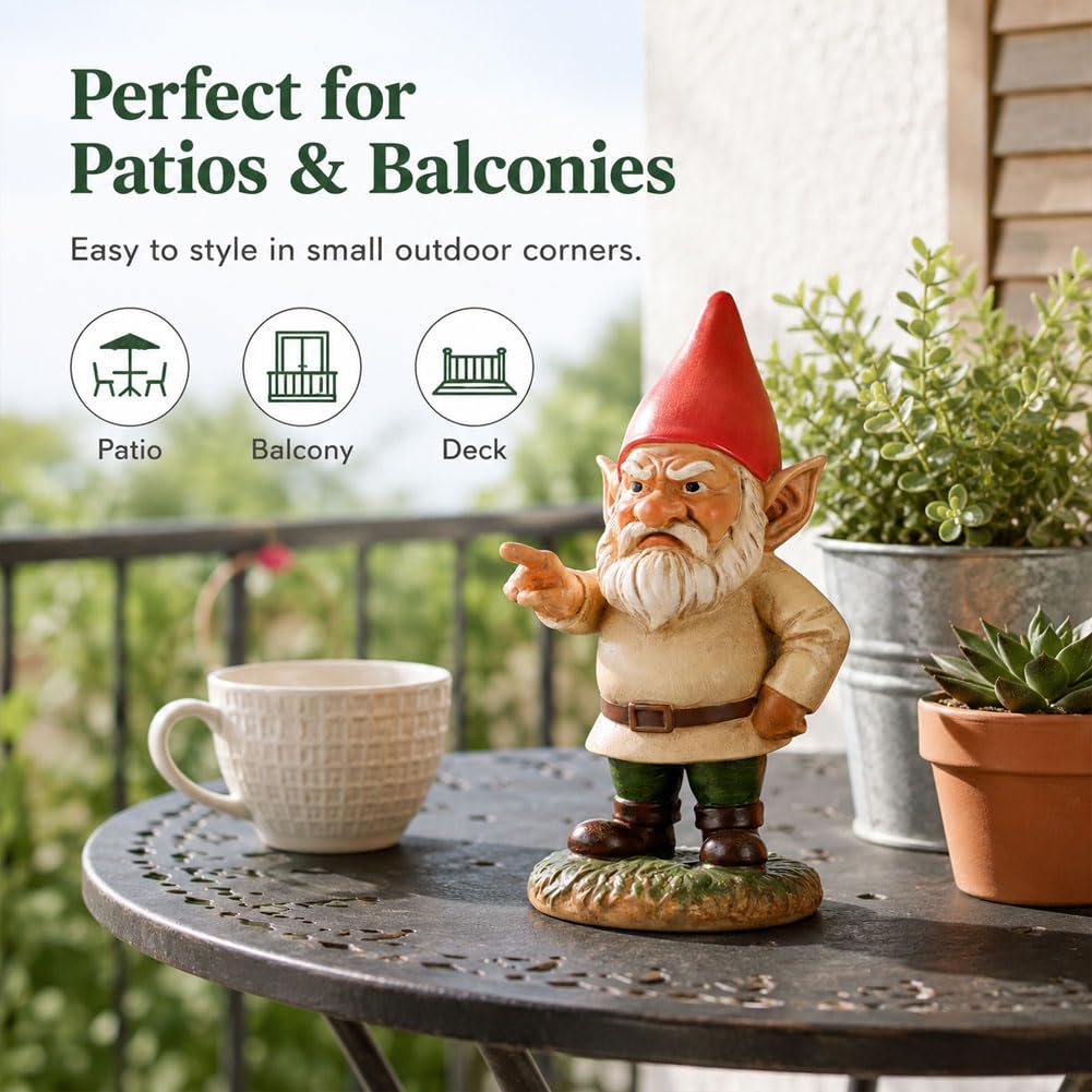 QIANLING 6.3" Garden Gnomes Outdoor, Angry Garden Gnome Statue, Funny Resin Gnome Garden Decor, Garden Gnomes for Yard Lawn Patio Porch Flower Bed Decor, Red Hat Gnome Gift for Garden Lovers