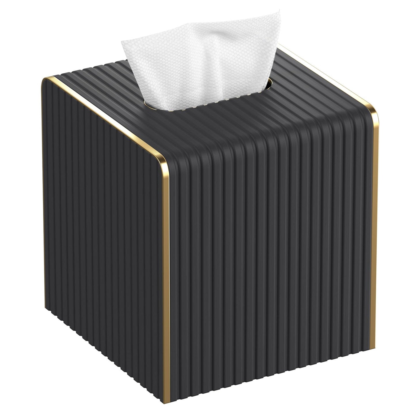 Tissue Box Cover Square with Magnetic Closure, PU Leather Tissue Box Holder with Gold-Tone Edging for Bathroom Vanity Countertop Night Stands Bedroom Office Desk, Modern Home Decor (Blacks)