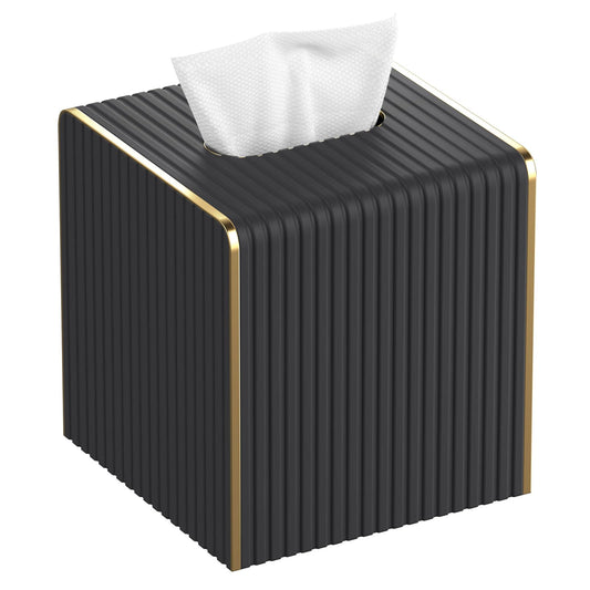 Tissue Box Cover Square with Magnetic Closure, PU Leather Tissue Box Holder with Gold-Tone Edging for Bathroom Vanity Countertop Night Stands Bedroom Office Desk, Modern Home Decor (Blacks)