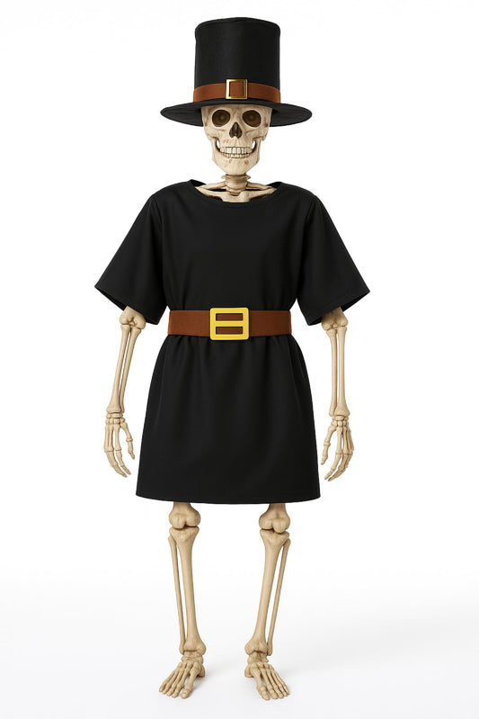Tarpop 2Pcs Halloween 12 ft Skeleton Outfit Set Giant Skeleton Pilgrim Costume Includes Black Jazz Hat Pilgrim Jacket for Halloween Thanksgiving Outdoor Yard House Prop Decorations
