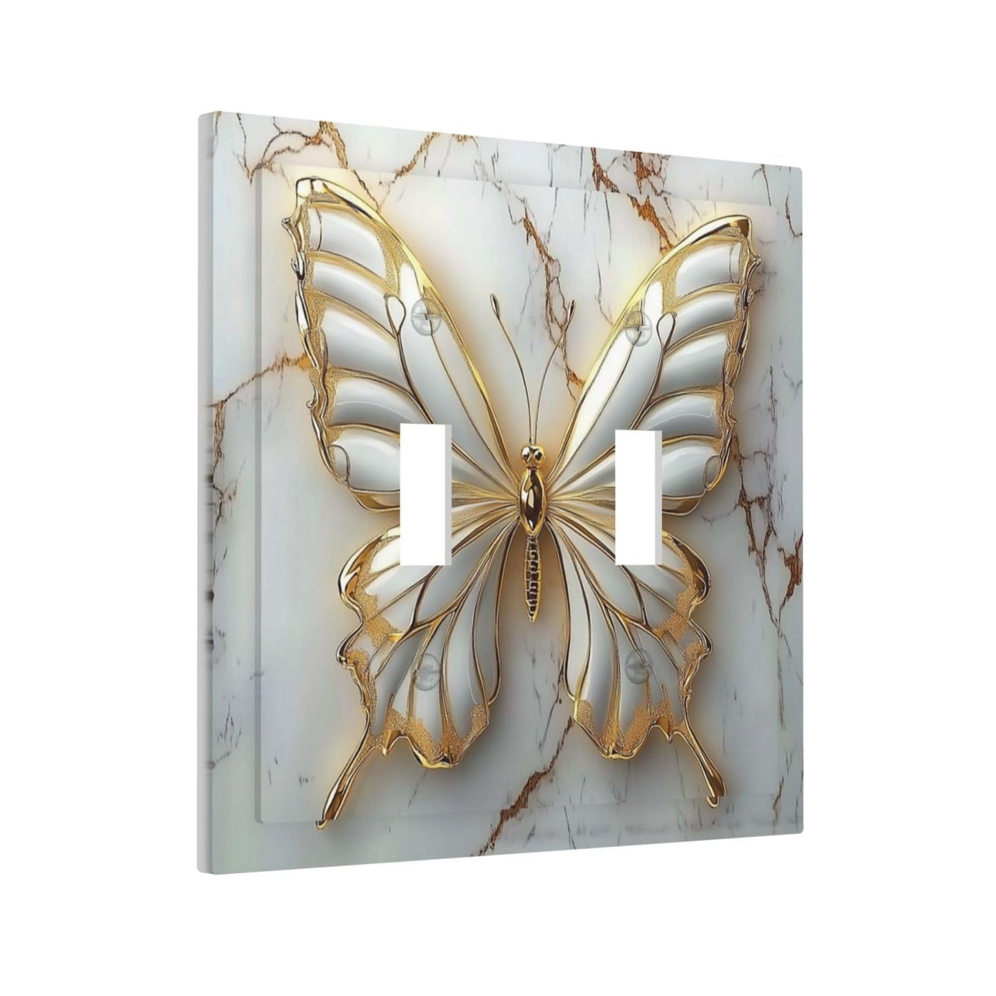 OILbiexn Decorative Light Switch Cover White Gold Abstract Modern Marble Butterfly 2 Gang Double Toggle Wall Plates Switch Plate Electrical Outlet Cover Decora Switch Plate for Bathroom Kitchen Decor