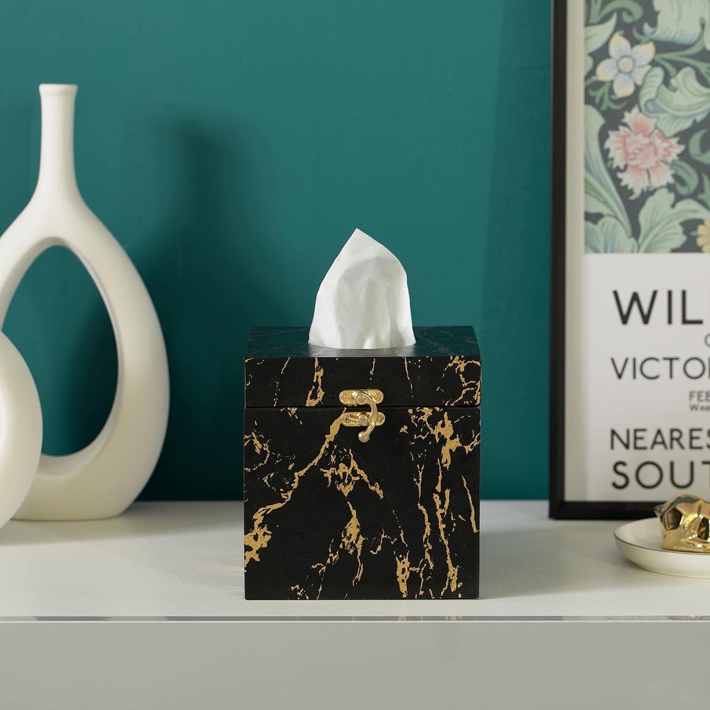 UPPER DECOR Black and Gold Marble Tissue Box Cover for Kleenex Box, Modern Elegant Tissue Box Holder with Lock for Bathroom, Bedroom, and Living Room, Square Shape Toilet Tissue Holder Organizer