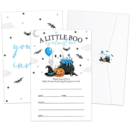 Smenudlli Blue A Little Boo Baby Shower Invitation, Halloween Invites Cards with Envelopes and Sticker (20 Pack), Cute Ghost Gender Reveal Party Decorations Supplies /22