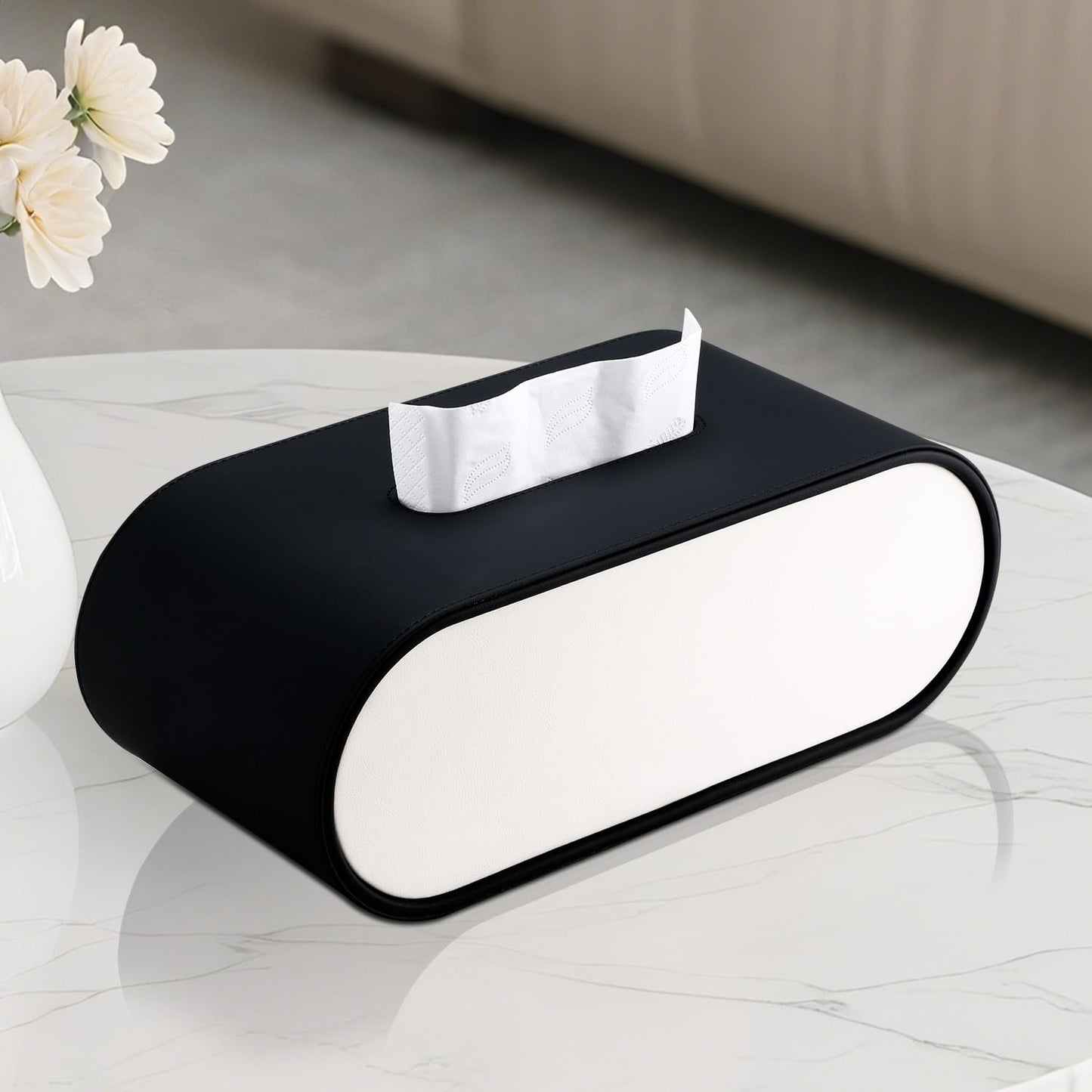 Tissue Box Cover,Black White Accents Oval Leather Tissue Box Holder,Decorative Tissue Cover for Bathroom Toilet Bedroom Living Room Table Desk Office