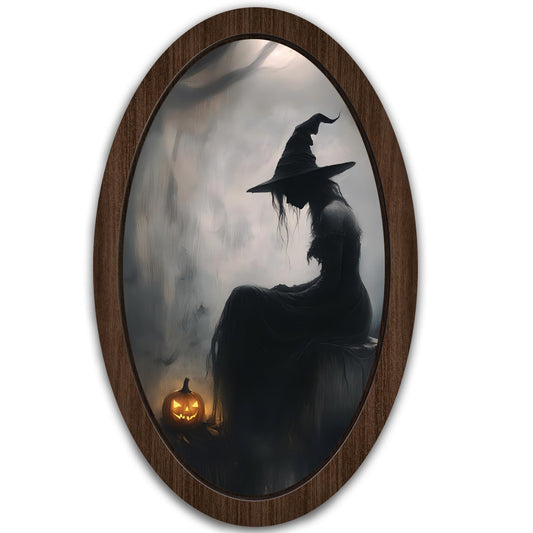 UYIKG Vintage Dark Witch Wall Art Decor,Witch Gothic Moody Wooden Framed Decor,Moonlit Moody Oval Wall Decorations for Theme Room Home Bedroom Living Room 9x14.6 in