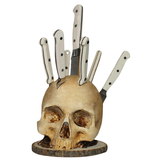 Skull Knife Holder for Kitchen: A Skeleton Knife Stand Doubling as Horror - Themed Kitchen Storage Head Rack. Ideal for Scary Party Decor, 15CM/5.9IN, Beige