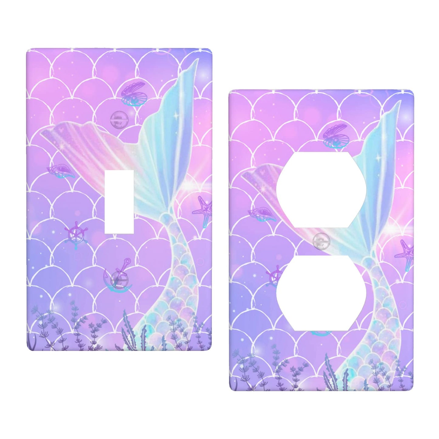 2 Pcs Mermaid Wall Plates Light Switch Cover Cute Decorative Outlet Cover for Girls Boys Bedroom Kitchen Home Bathroom Living Room(Single Toggle Duplex Outlet)
