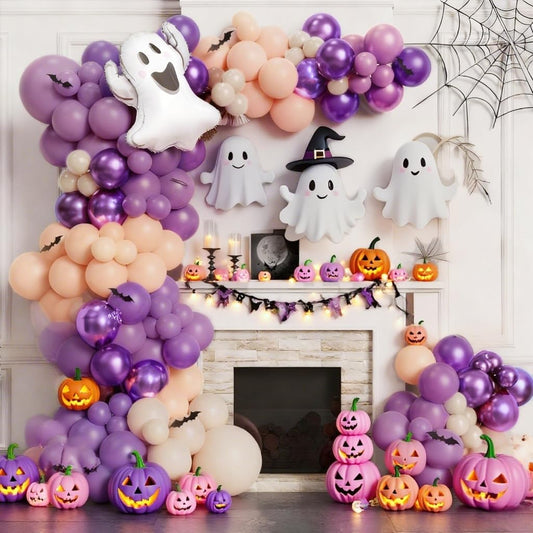 Halloween Balloons Garland Kit, 111 PC Purple Nude Cream Balloons with Cute Ghosts & 3D Bats, Beige & Metallic Purple for Girls' Party Decorations