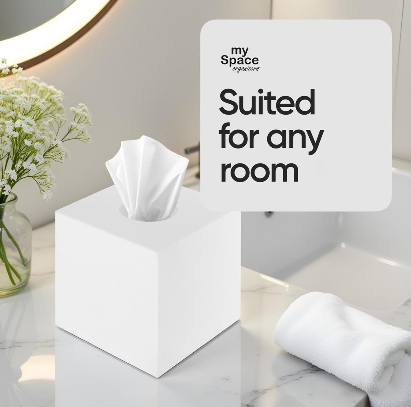 My Space Organizer - Premium Acrylic Tissue Cover | Fits Standard Square Tissue Box | White Cube Holder for Bathroom | 5.3" x 5.3" x 5.5"