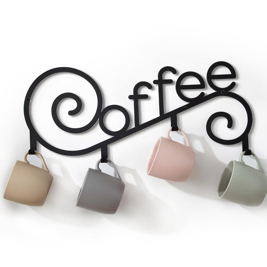 WOPARTY Metal Wall Mounted Coffee Cup Mug Holder with 4 Hooks, 15.75 x 6.3 Inch, Decorative Coffee Bar,Kitchen, Bar Station Accessories Decor