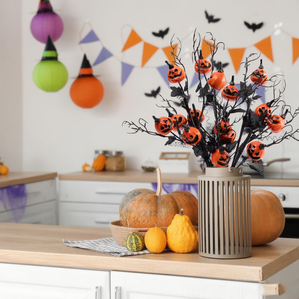 Laelfe 5Pcs Halloween Black Branches with Small Pumpkins - Artificial Stems with Maple Leaves Holloween Table Party Indoor Decorations (Halloween Branche)
