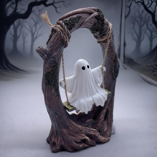 Swinging Ghost on Tree Swing, Cute Spooky Halloween Decor, Ghost Figurine & Ornament for Indoor Outdoor Porch, Desktop, Bookshelf Decorations