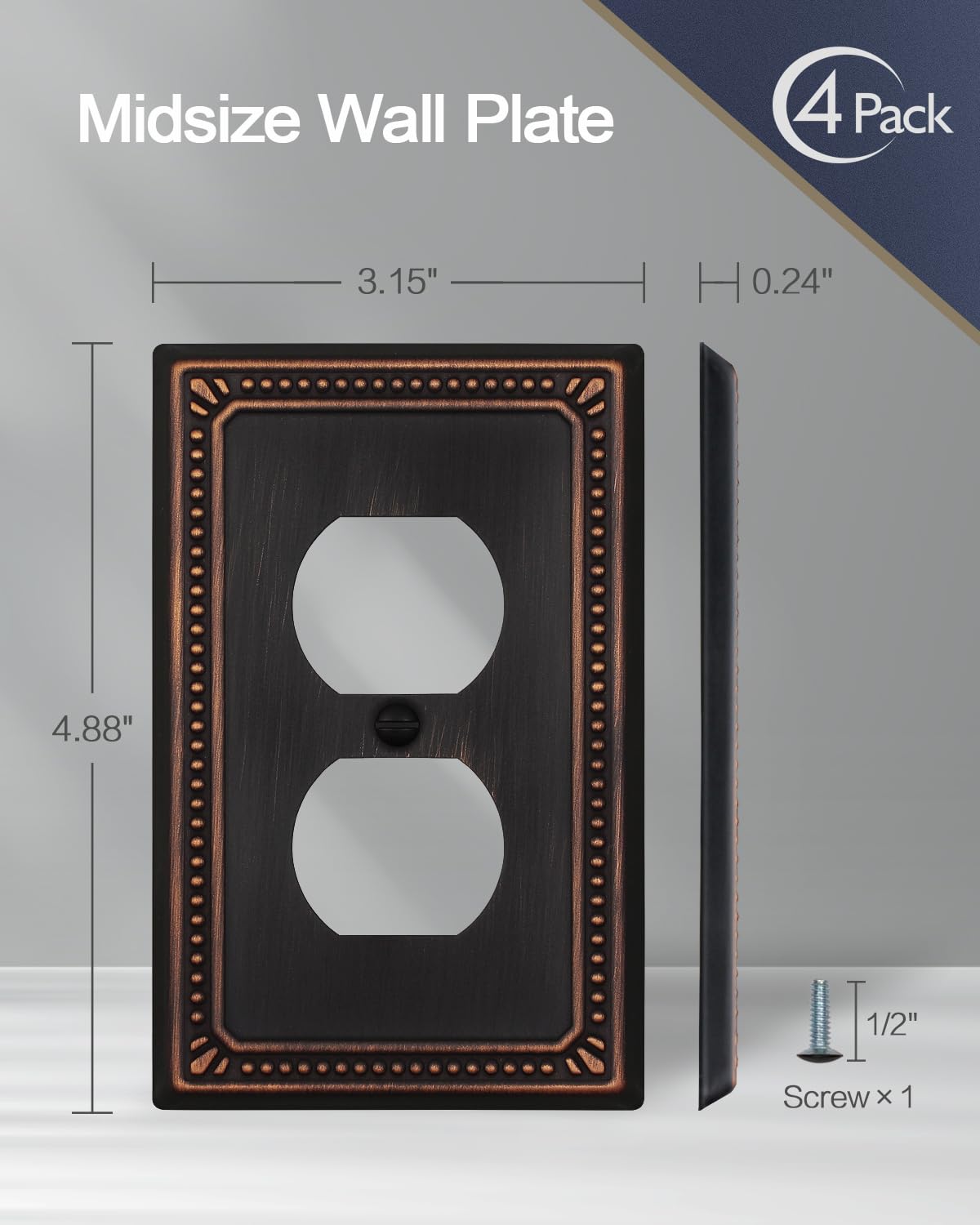 ZILLSEA Metal Wall Plates, Switch Plates and Outlet Covers, Decorative Pearl Design (1 Duplex 4PK, Aged Bronze, Midsize)