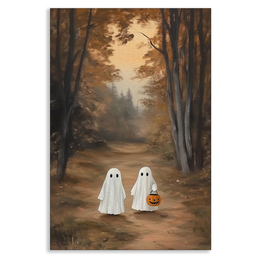 Halloween Ghost Canvas Wall Art, Friendly Ghosts with Jack O Lantern In Autumn Forest Poster, Spooky Fall Landscape Print, Gothic Halloween Pumpkin Holiday Picture for Bedroom 12x16in Unframed