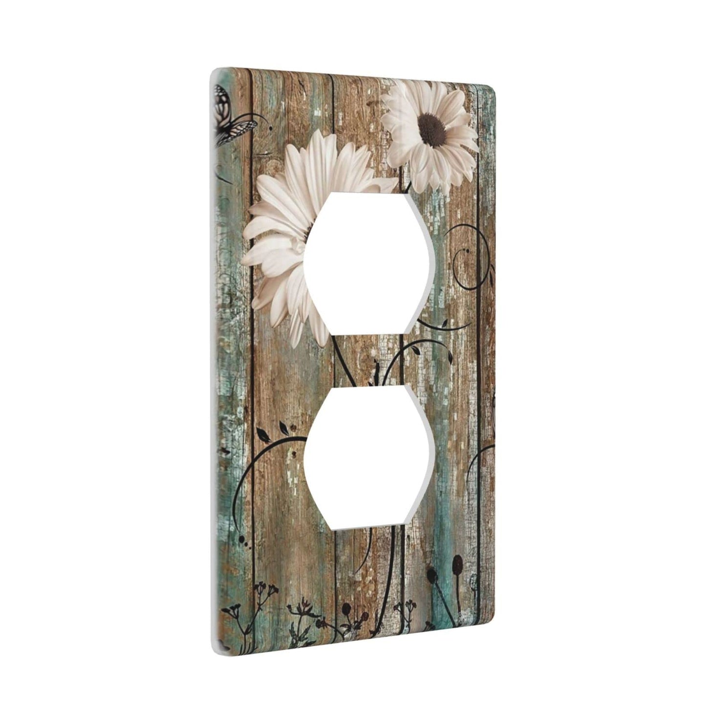 Rustic Daisy Flower Decorative Outlet Cover Wall Plate Single Duplex Receptacle Cover 1 Gang Switch Plate Electrical Accessories, 4.50 x 2.76 Inch