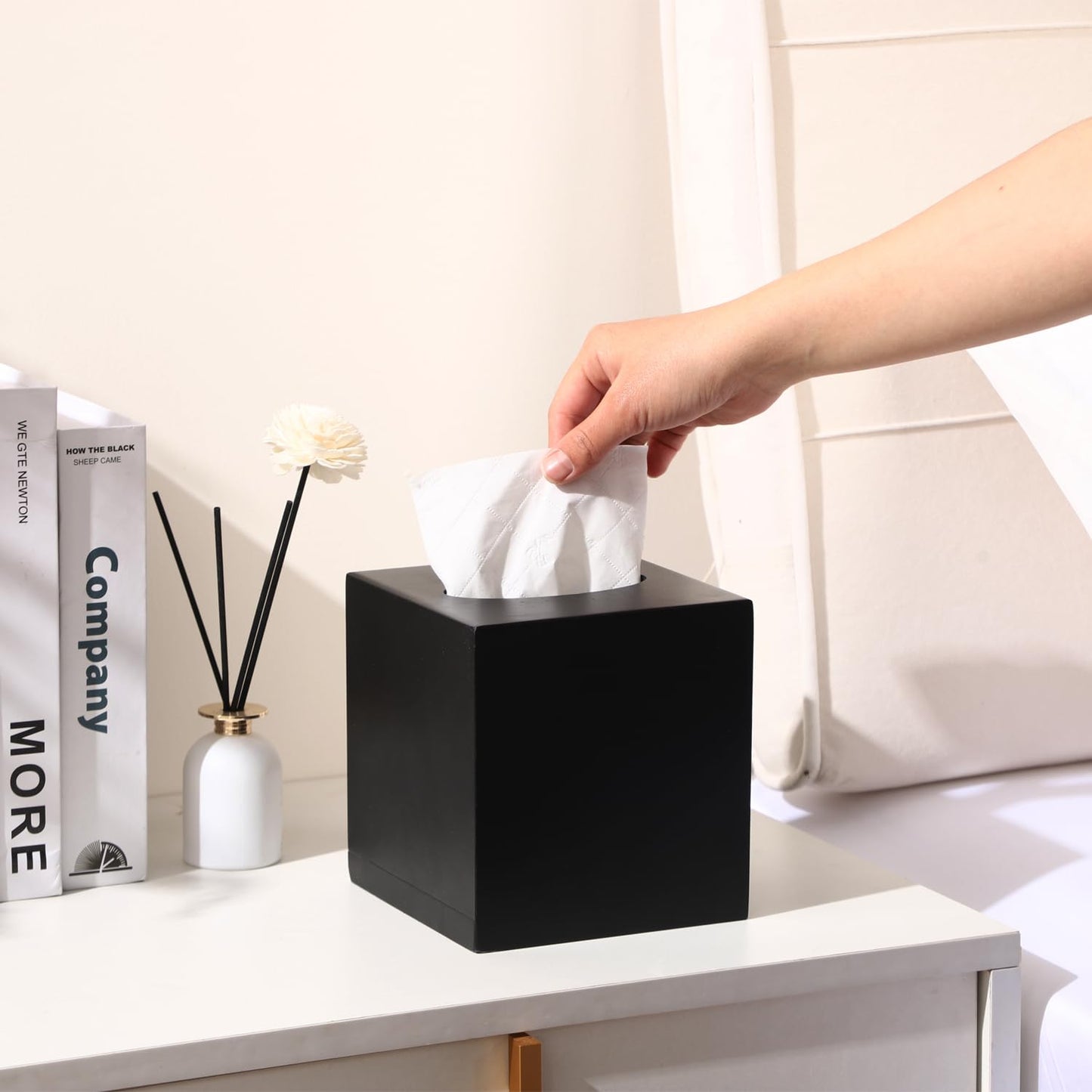 CATORY Tissue Box Cover Square,Wooden Tissue Box Holder,Cube Tissue Box Cover with Slide-Out Bottom,Decorative Tissue Box Holder Covers Your Tissues for Bathroom,Living Room,Office-Black, TBC04B
