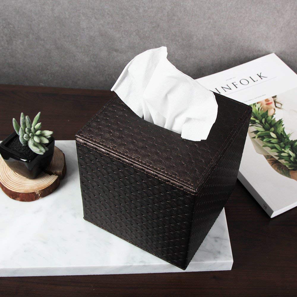 J JACKCUBE DESIGN Square Paper Facial Tissue Box Cover Holder for Bathroom Vanity Countertop, Bedroom Dressers, Napkin Holder with Strap on Bottom, Brown Quilted Faux Leather - MK272A