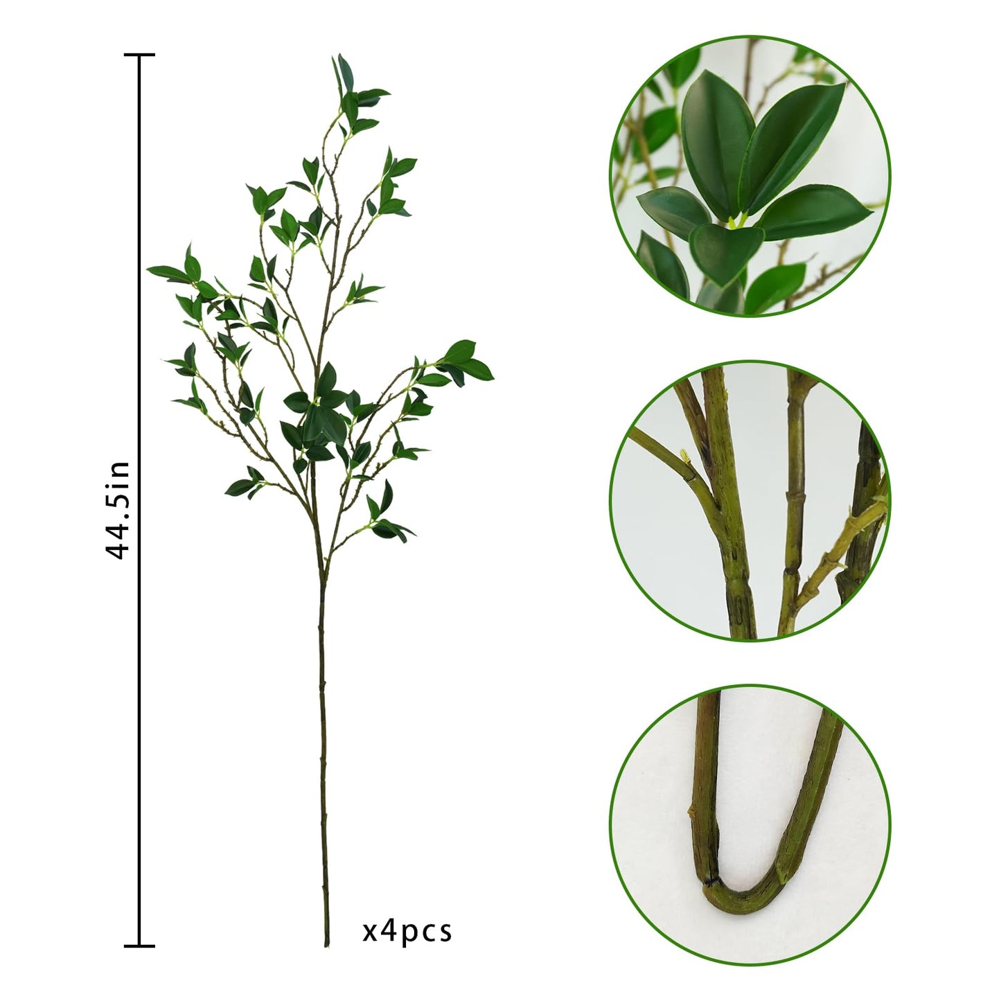 Krissing 4Pcs Artificial Greenery Stems, Tall Fake Ficus Twig Branches Plants Faux Greenery Stems Branches for Vase Fillers Home Office Wedding Spring Table Decor