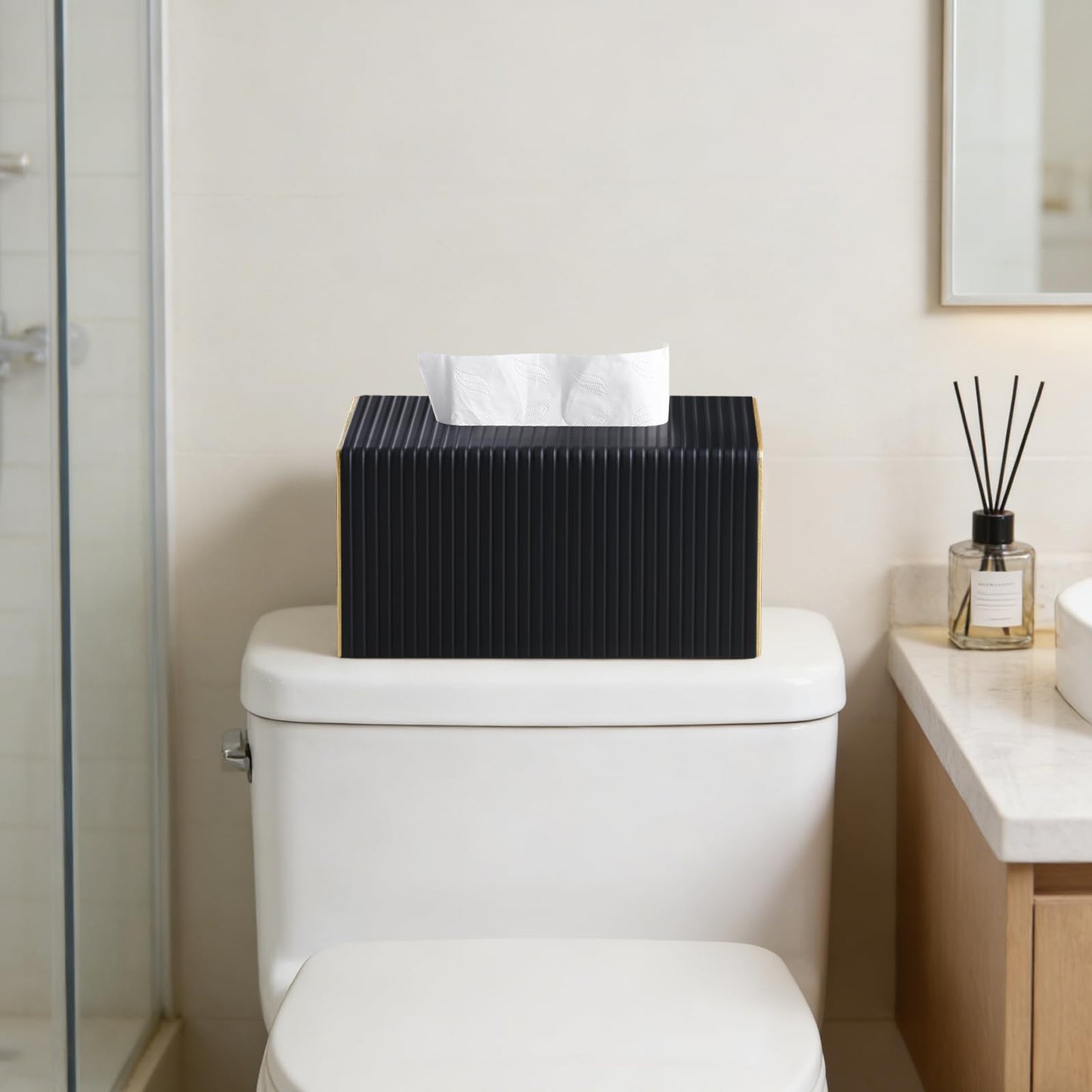 Extra Large Rectangle PU Leather Tissue Box Cover with Magnetic Closure, Decorative Tissue Holder & Storage Container for Bedroom, Living Room, Dining Room, Bathroom, Countertop, Desk & Office (Black)