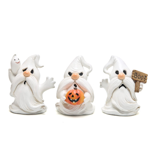 Hodao Halloween Ghost Gnome Figurines - Cute Spooky with Pumpkin & Boo Sign, 3PCS Indoor Outdoor Decor for Home, Party, Tiered Trays, Windowsills & Gifts