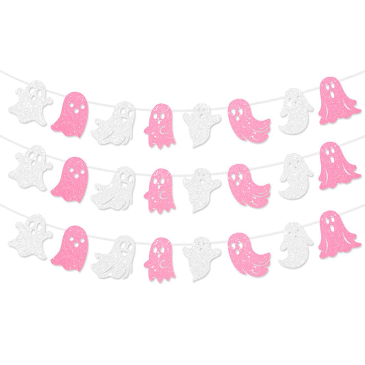 JKQ 3 Pack Glitter Halloween Ghost Banner White Pink Glittery Happy Halloween Party Ghost Hanging Decorations for Haunted Houses Indoor Outdoor Home Wall Mantle Fireplace Mansion Party Supplies