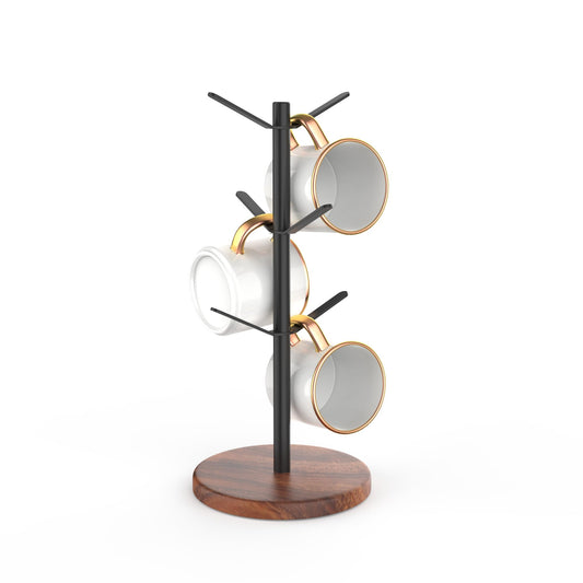 Aomomery Coffee Mug Tree Holder Countertop, Non-Slip Walnut Wood Mug Rack with 6 Hooks, Coffee Cup Rack for Home Storage and Organizer (Brown)
