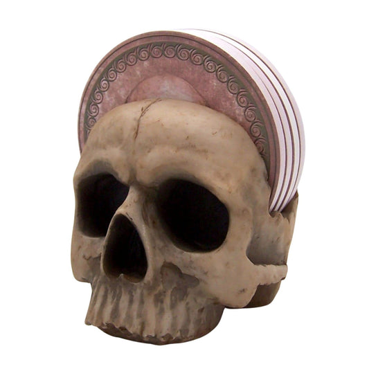Wowser Gothic Kitchen & Bar Decor- Skull Engraved Coaster Set with Holder, 4.5 Inches, Set of 4