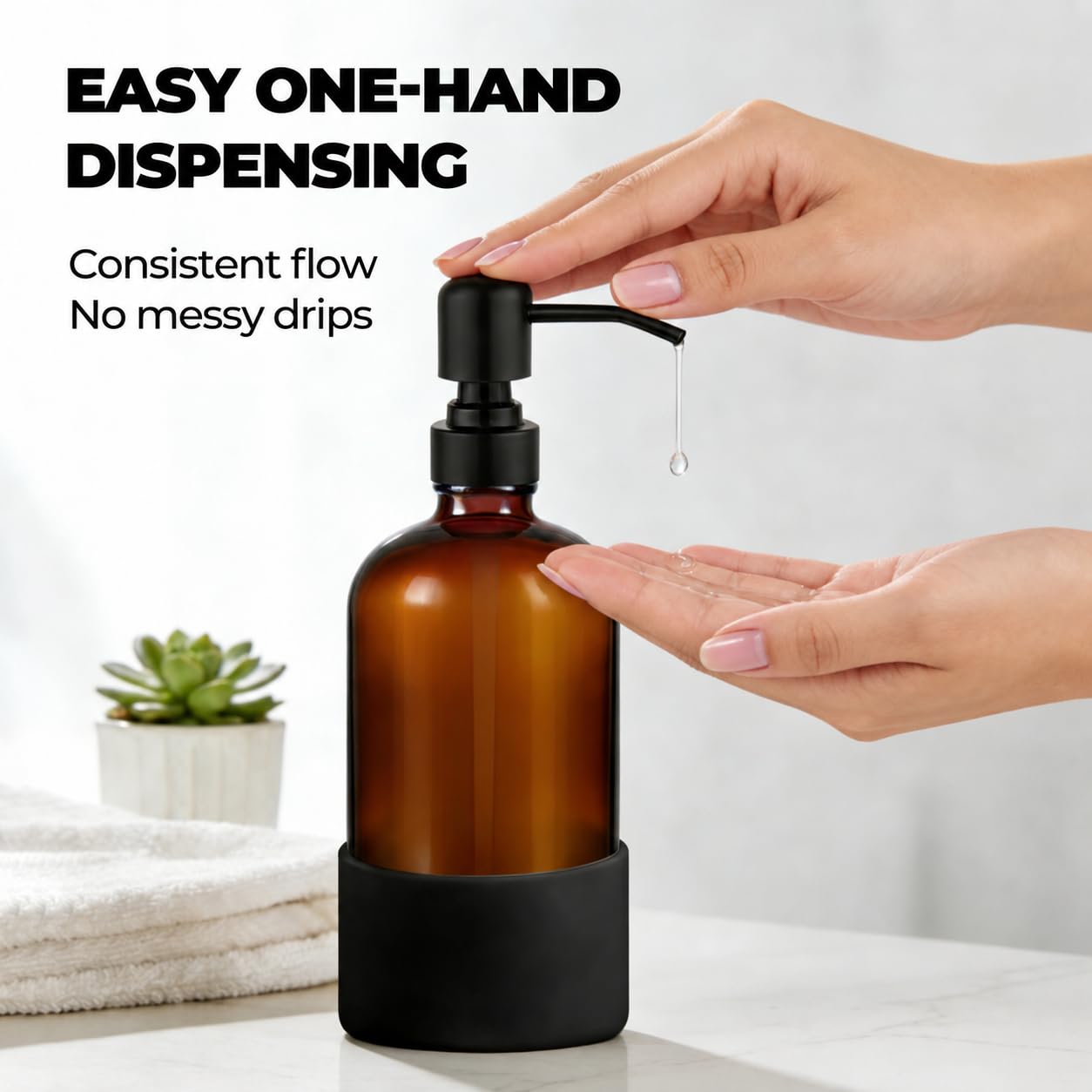 Homepicker 16 oz Hand and Dish Soap Dispenser Set for Kitchen and Bathroom, 500ml Amber Glass Soap Dispenser with Stainless Steel Pump, Non-Slip Silicone Sleeves, Labels - 2 Pack