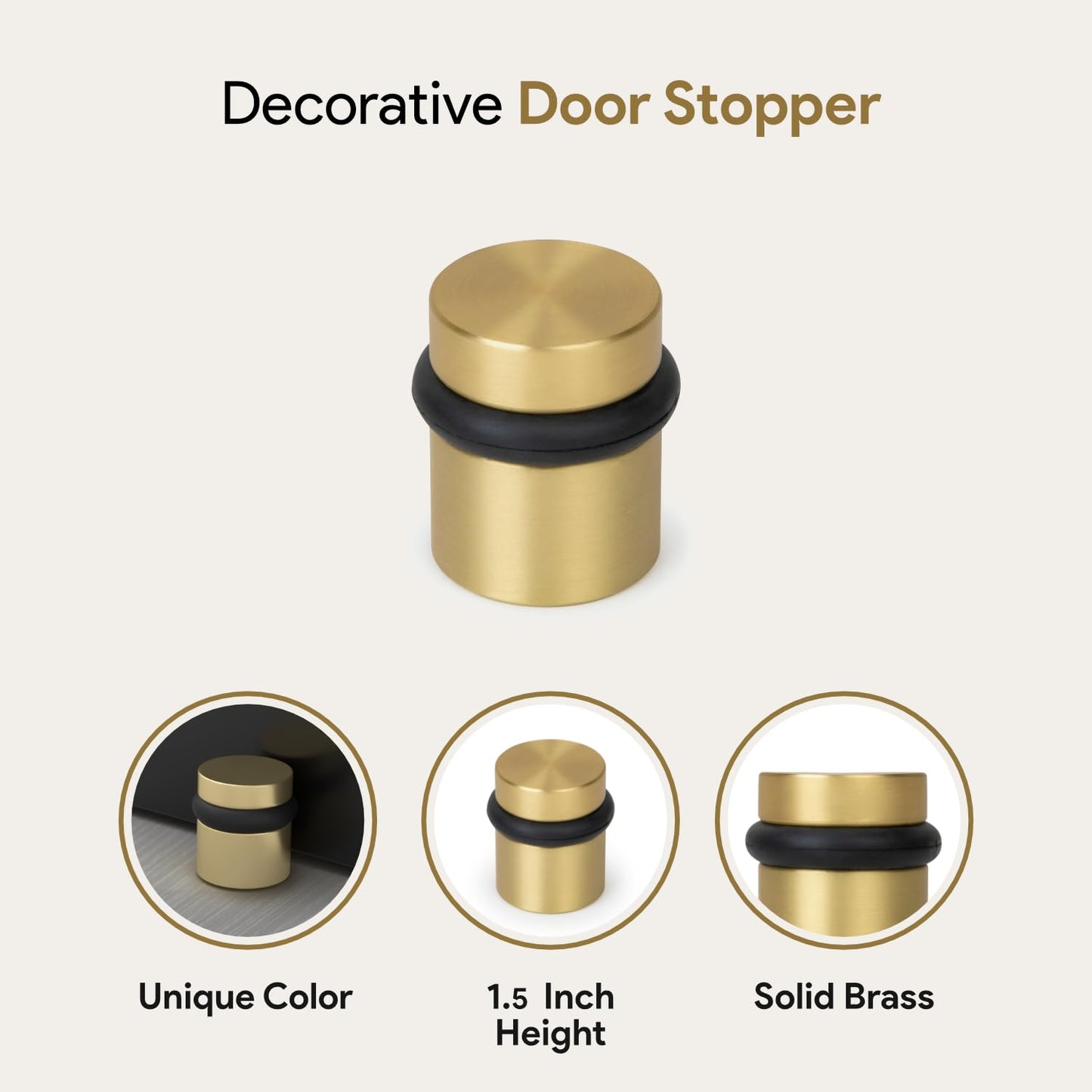Floor Door Stopper Heavy Duty Solid Brass - Mega Handles Wall Protector from Door Knobs with Rubber Bumper, Mounting Hardware Included, for Hardwood Carpet Tile - Satin Brass - 1.5 Inch