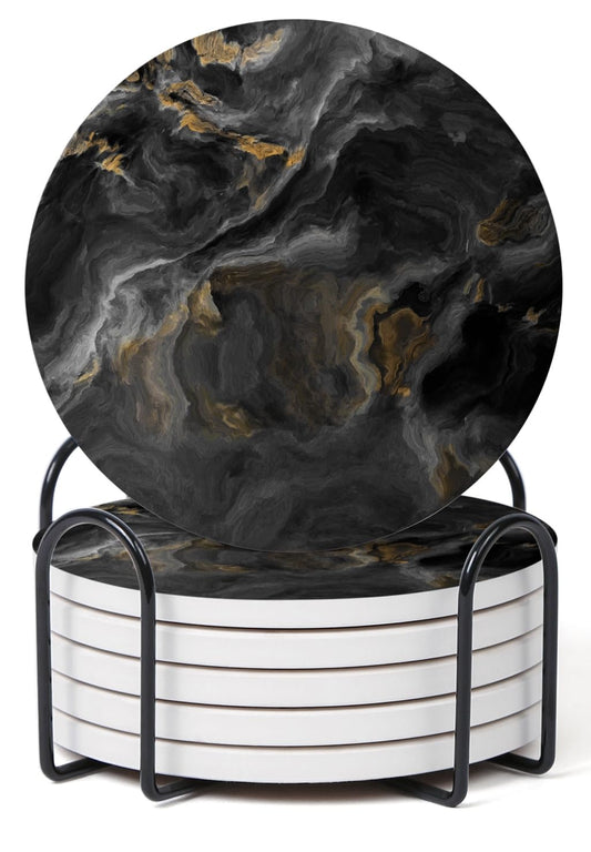Hoomey Set of 6 Abstract Black Marble Coasters with Holder, Absorbent Ceramic Coasters for Drinks, Coasters with Cork Backing for Table Protection, Housewarming Gifts for New Home