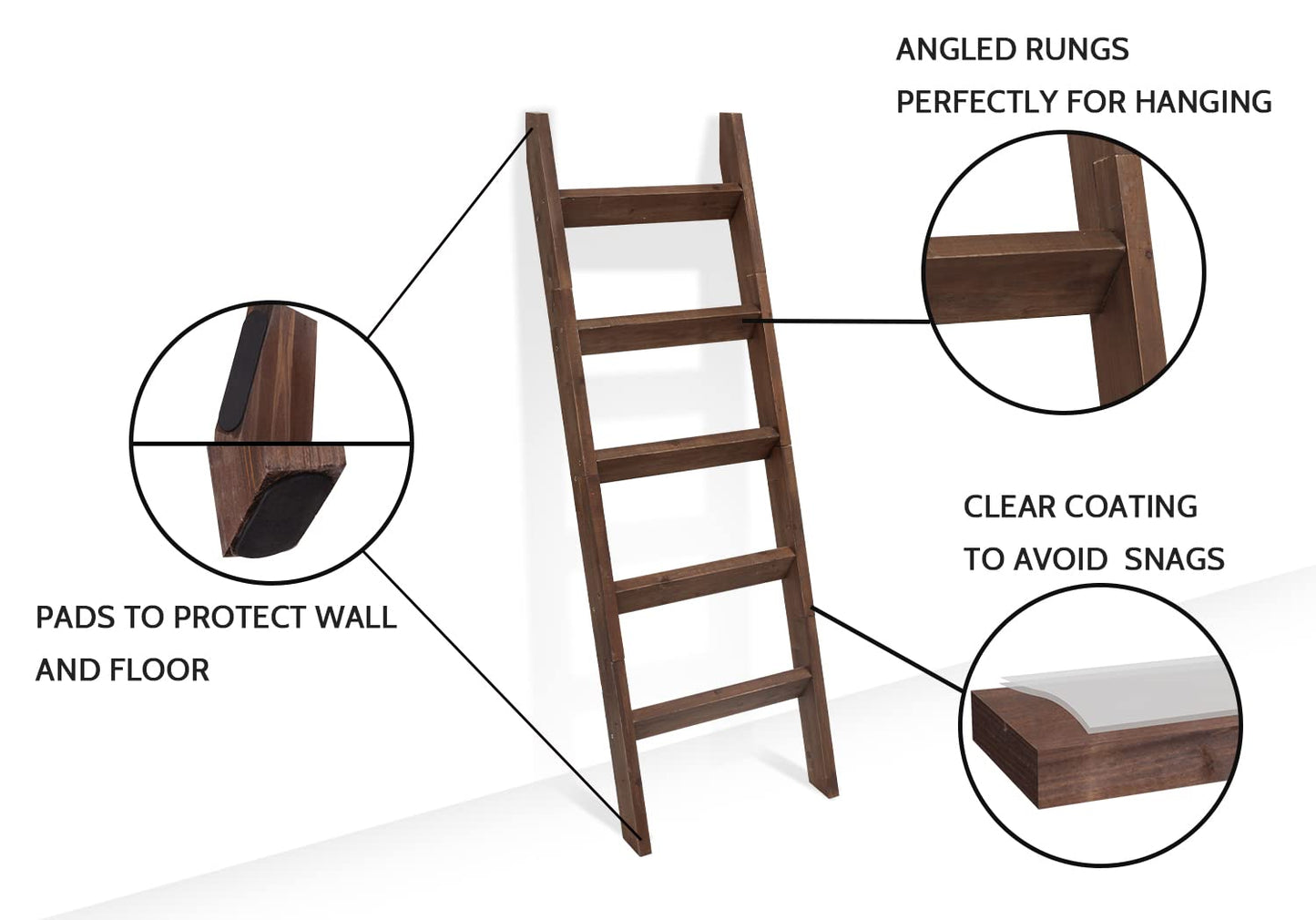 FUIN 5ft (58") Wood Blanket Ladder Living Room Decorative Wall Leaning Farmhouse Quilt Display Holder Storage Rustic Wooden Towel Rack for Bathroom, Brown