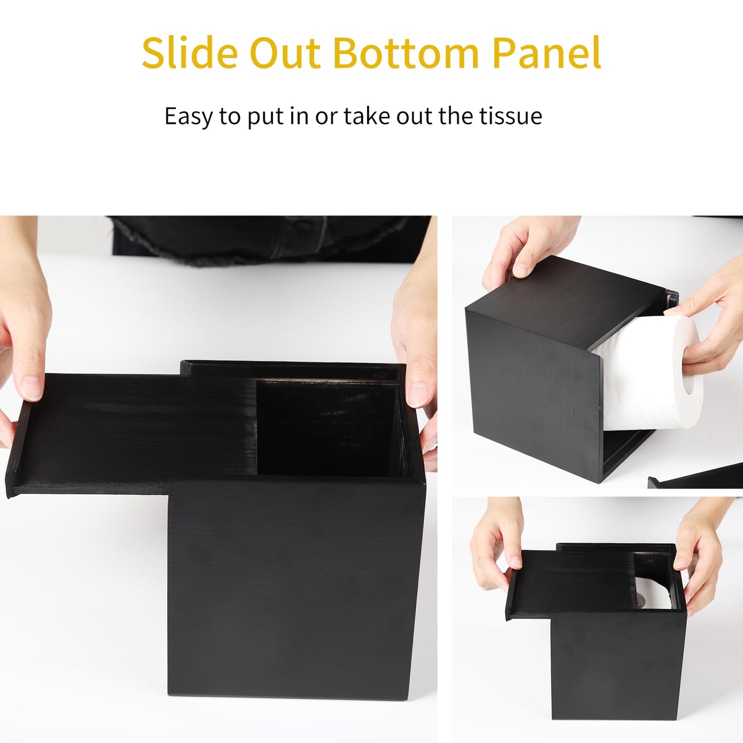 CATORY Tissue Box Cover Square,Wooden Tissue Box Holder,Cube Tissue Box Cover with Slide-Out Bottom,Decorative Tissue Box Holder Covers Your Tissues for Bathroom,Living Room,Office-Black, TBC04B