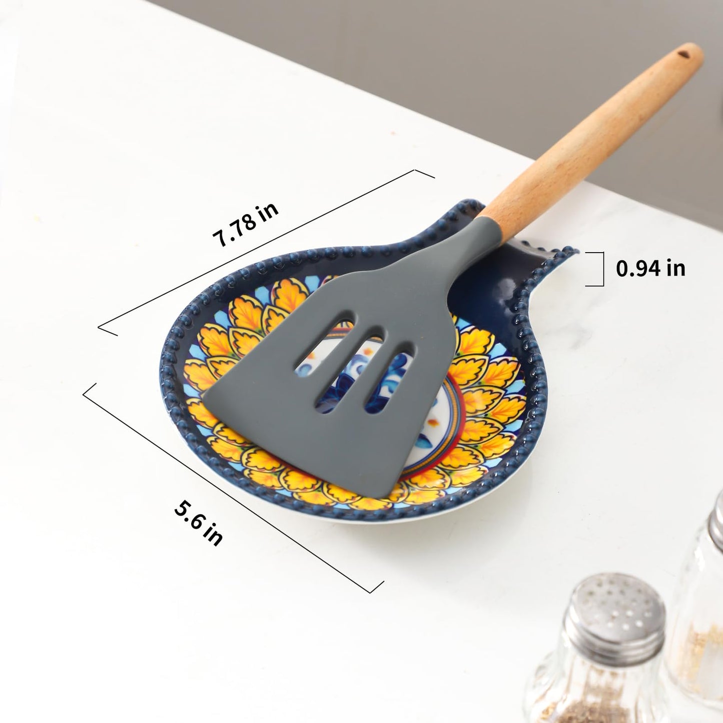 JINGUS Spoon Rest for Stove Top, 7.7 Inch Spoon Holder, Ceramic Blue Kitchen Spoon Rest for Spatula, Tongs or Decorations, Bohemian Large Ladle Holder for Gift, Heat-Resistant,Dishwasher Safe
