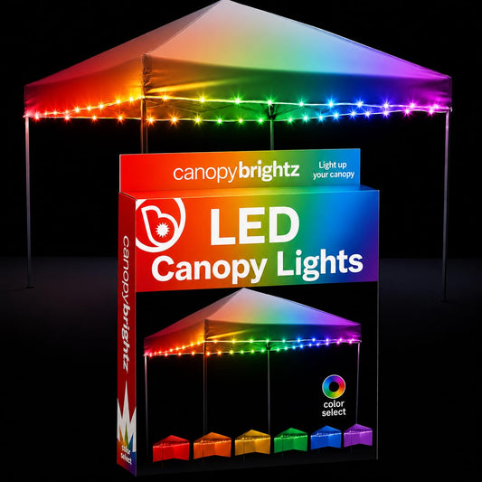 Brightz CanopyBrightz Color Changing LED Canopy Lights - 40 ft String Lights with 60 LEDs, Cut-to-Size - Battery Powered Accent Lights for Pop Up Canopy, Camping, Tailgating, Backyard Parties & Patio