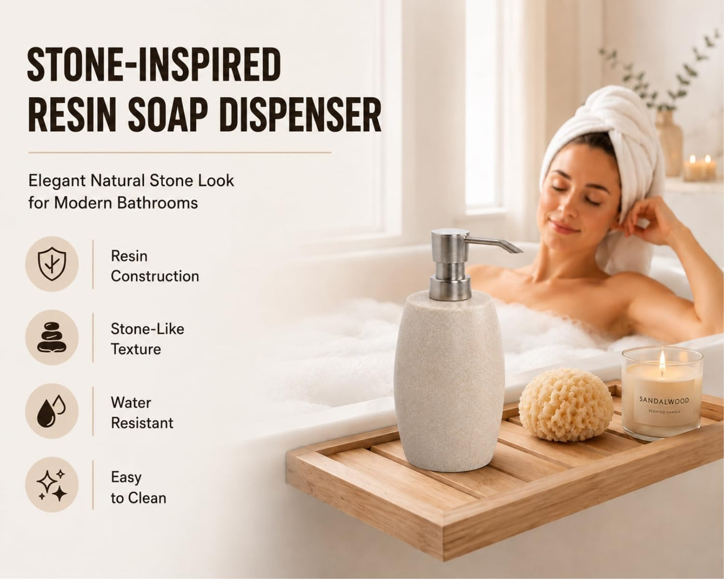 Clasin Home Sandstone Textured Resin Soap Dispenser with Metallic Pump and Waterproof Bottle Labels for Bathroom Kitchen Dish Hand Wash Shower Lotion Shampoo, 12 Oz, Beige