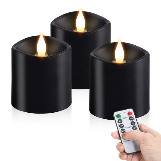 milysoek 3x3 Flickering Flameless Candles Set of 3, LED Battery Candles Flickering,with Timer, 3 inch Flameless Candles with Remote,Battery Operated Candles, Holiday Home Decor for,Black