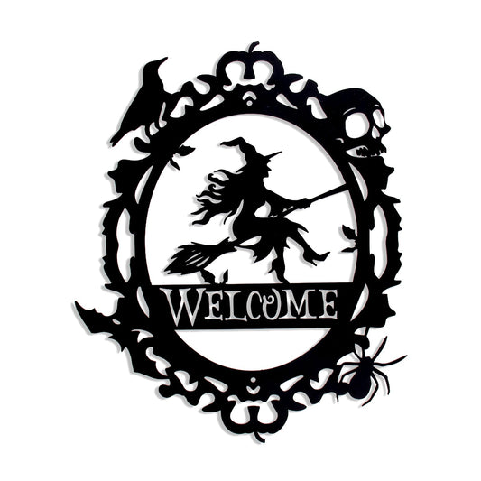 Gothic Witch Welcome Sign, Black Metal Wall Decor with Witch Design,15.63 x 12.6 inch, Indoor Outdoor Decorative Plaque