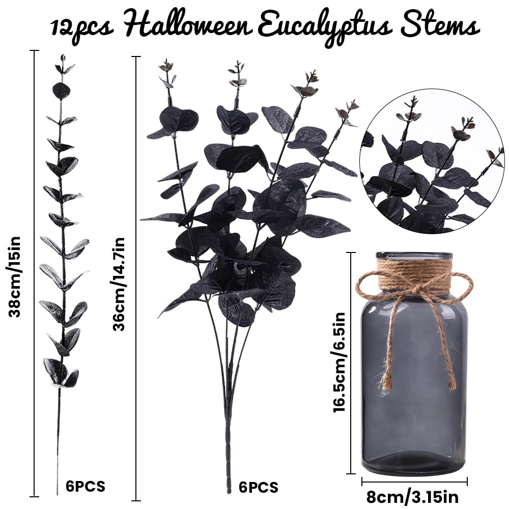DIYDEC 12Pcs Black Artificial Flowers with Glass Vase 2 Styles Black Eucalyptus Stems for Halloween Outdoor Indoor Decoration Fake Eucalyptus Stems Branches for Party Home Table Centerpieces Decor