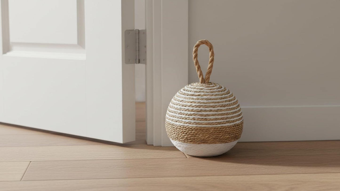 PEMAR Natural Wicker Door Stopper with Handle, Rustic Farmhouse Decorative Door Stop, Heavy Indoor Doorstop, Nautical Blocker Jammer 6.3''D Sphere Ball Shape (Seagrass)