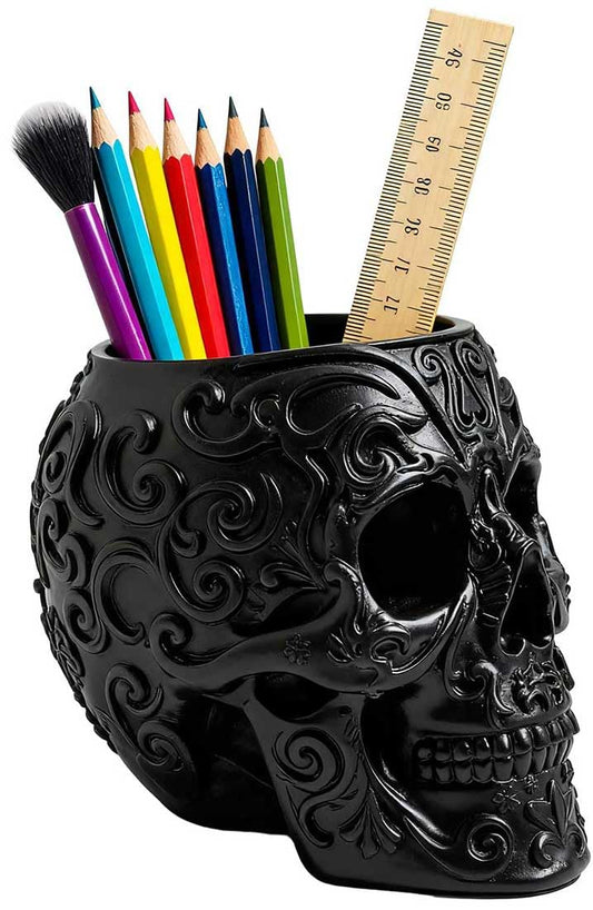 CUZOKOLA Goth Accessories Black Skull Decor for Pen Holder with Strong Resin,Skull Makeup Brush Holder for Vanity Decor,Office Organizer,Skull Planter