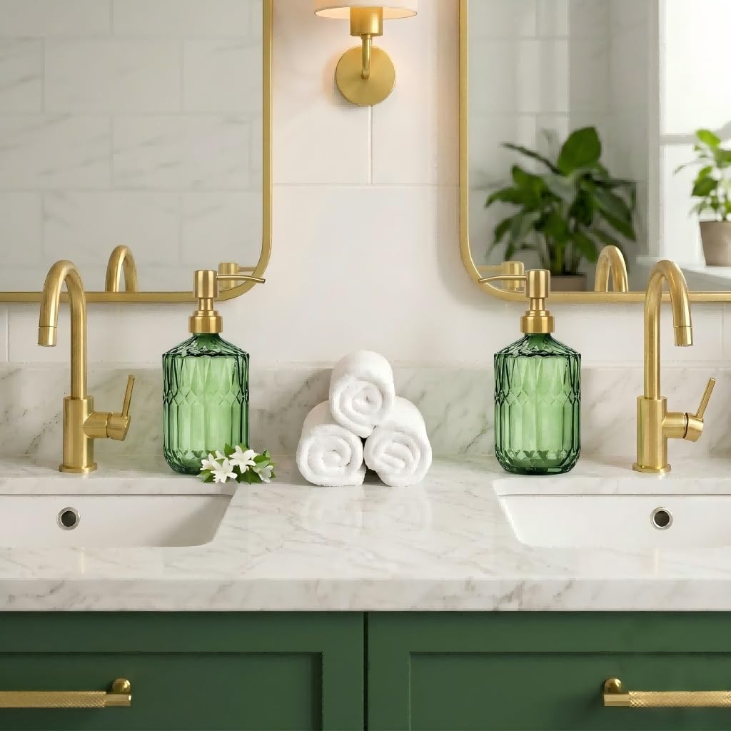 Ritrsvey Green Glass Soap Dispenser (15.4 Oz, 2 Pack), Kitchen Hand and Dish Soap Dispenser Set with Golden Rust Proof Pump, Vintage Bathroom Hand Soap Lotion Dispensers
