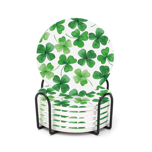Drink Coasters for Drinks Set of 6,Watercolor St Patricks Day Green Clover Leaves Absorbent Round Ceramic Stone Mat Coaster,with Cork Base and Metal Holder,Home Bar Decor House Warming Gift