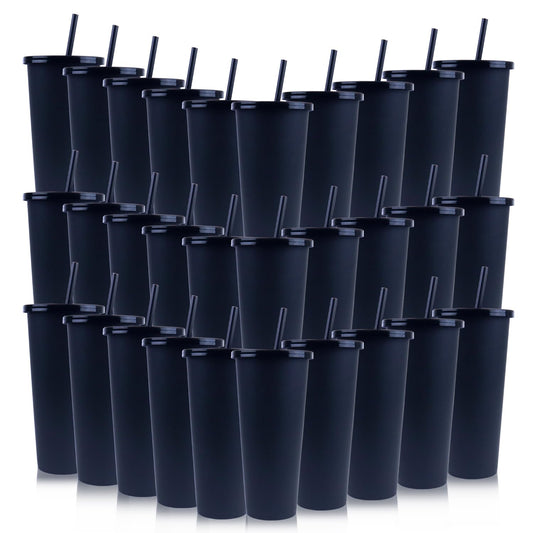 Ahongwenxi 30 Pack Halloween Black Plastic Cups with Lids and Straws, 24 oz Disposable Plastic Tumblers Iced Coffee Cups Travel Mug Cup for Juices Birthday Bachelorette Party Wedding (Black,24 oz)