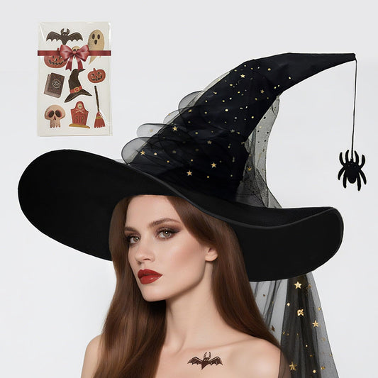 LINLINGTOYS Halloween Witch Hat for Women - Black Witch Hats with Spider, Veil & Lace, Ruched Witches Hat Women's Costume Accessory, Gothic and Vintage Style, Perfect for Parties and Decor