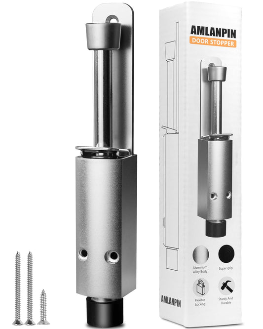 Door Stop - Heavy Duty Spring Loaded Step Down Push On Door Holder/Stopper - Foot Operated Door Holder for Outdoor and Commercial Use (1, Silver)