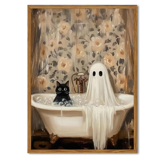Framed Halloween Ghost Bathroom Canvas Wall Art, Funny Cute Ghost and Black Cat in Bathtub Pictures Wall Decor, Gothic Dark Academia Paintings Prints Spooky Home Decor for Restroom 12x16 inch