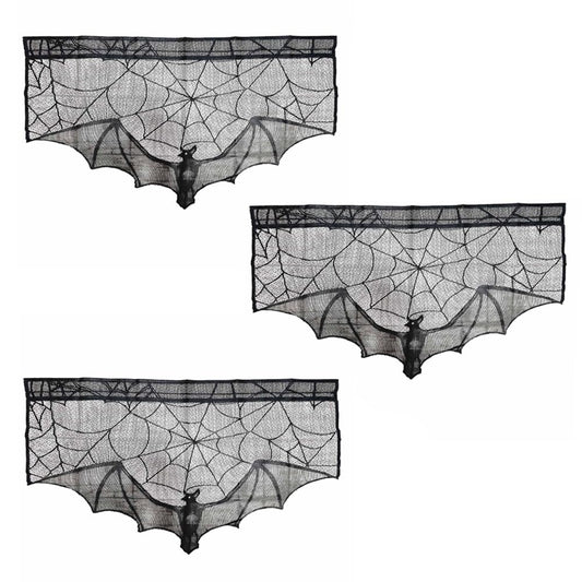 Ximimark 3 pcs Black Lace Halloween Gothic Bat Window Curtain, Spider Web Bats Witch Skeleton Door Curtain Panel Decor for Spooky Halloween Holiday Party Home Decoration, 23 * 36inch