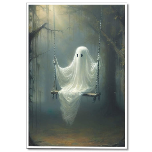 Nanxiwofee Vintage Cute Ghost Canvas Wall Art, Funny Ghost on A Swing in The Forest Aesthetic Poster, Gothic Dark Academia Wall Decor, Creepy Spooky Abandoned Art Halloween Pictures 16x24in Unframed