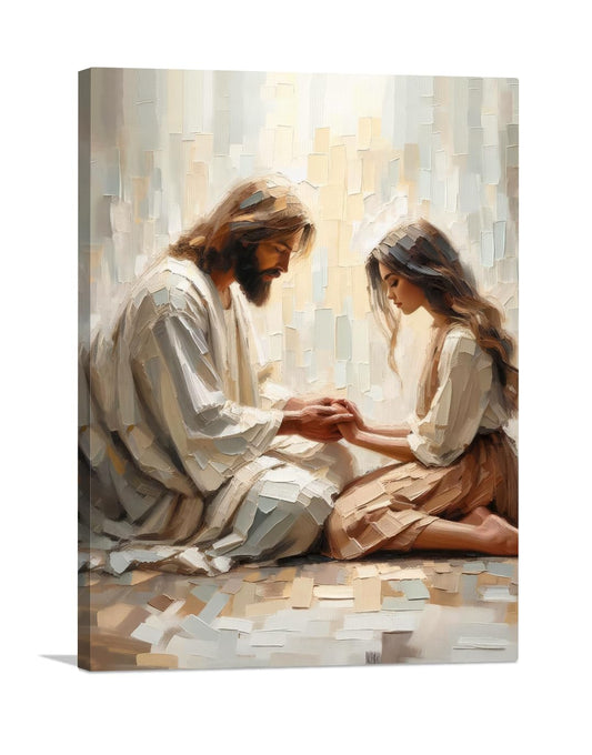 Palette Dreams Jesus And Girl Praying Painting Print Picture Wall Art ，Christian Paintings Religious Canvas Wall Decor Prayer Artwork for Living Room Bedroom Church Prayer Room Decor 12 x 16 Inch Framed